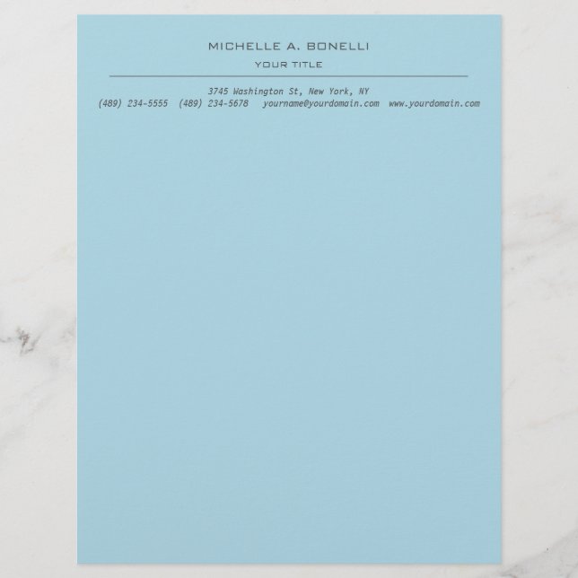 Minimalist Modern Professional Plain Sky Blue Custom Letterhead (Front)