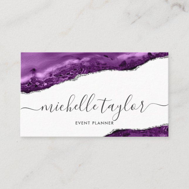 Minimalist modern purple agate signature script business card (Front)