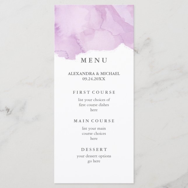 Minimalist Modern Purple Watercolor Wedding Menu (Front)