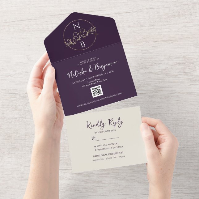 Minimalist Modern Purple Wedding All In One Invitation (Tearaway)