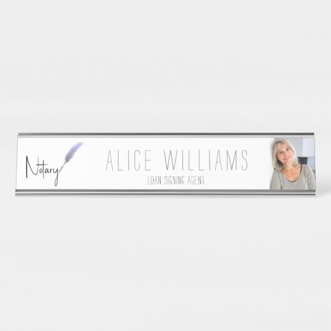 Minimalist Modern Purple & White Notary Photo Desk Name Plate (Front)