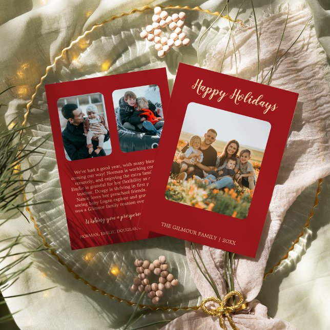 Minimalist Modern|Red 3 Photo Happy Holidays News Holiday Card (Creator Uploaded)
