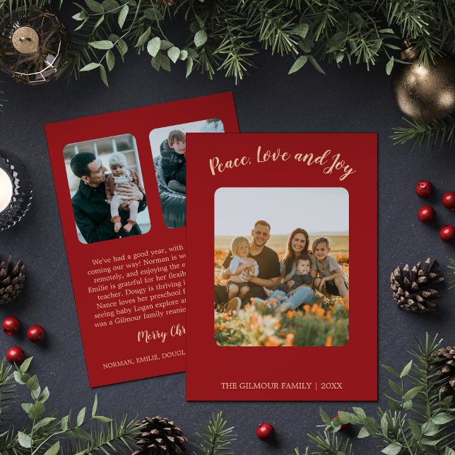 Minimalist Modern|Red 3 Photo Peace Joy Love News Holiday Card (Creator Uploaded)
