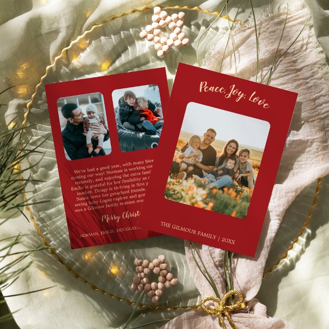Minimalist Modern|Red 3Photo Peace, Joy, Love News Holiday Card (Creator Uploaded)