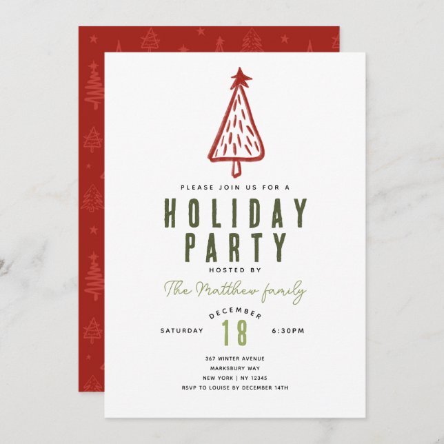 Minimalist Modern Red Christmas Tree Holiday Invitation (Front/Back)
