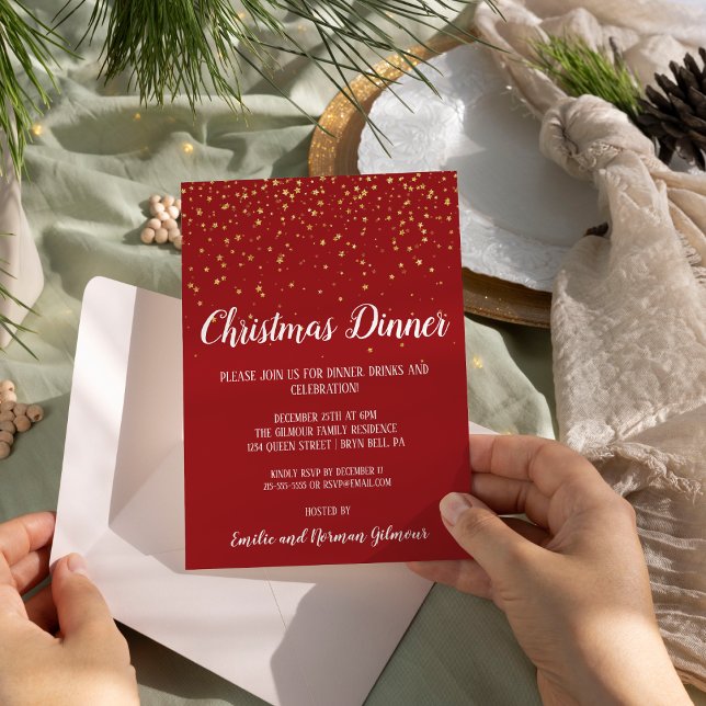 Minimalist Modern|Red Confetti Christmas Dinner Invitation (Creator Uploaded)