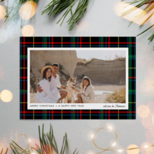 Minimalist Modern Red + Green Plaid 1 Photo Holiday Card