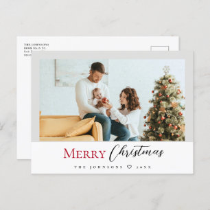 Minimalist Modern Red Merry Christmas Script Photo Holiday Postcard