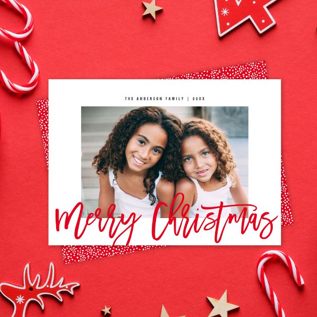 Minimalist Modern Red Script Merry Christmas Photo Holiday Card (Creator Uploaded)