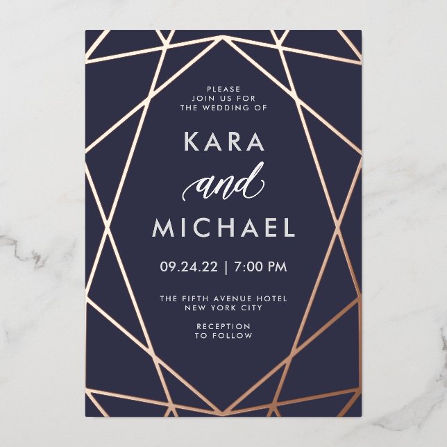 Minimalist Modern Rose Gold on Dark Blue | Wedding (Front)