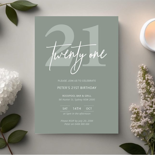 Minimalist Modern sage 21st Birthday Party Invitation (Creator Uploaded)