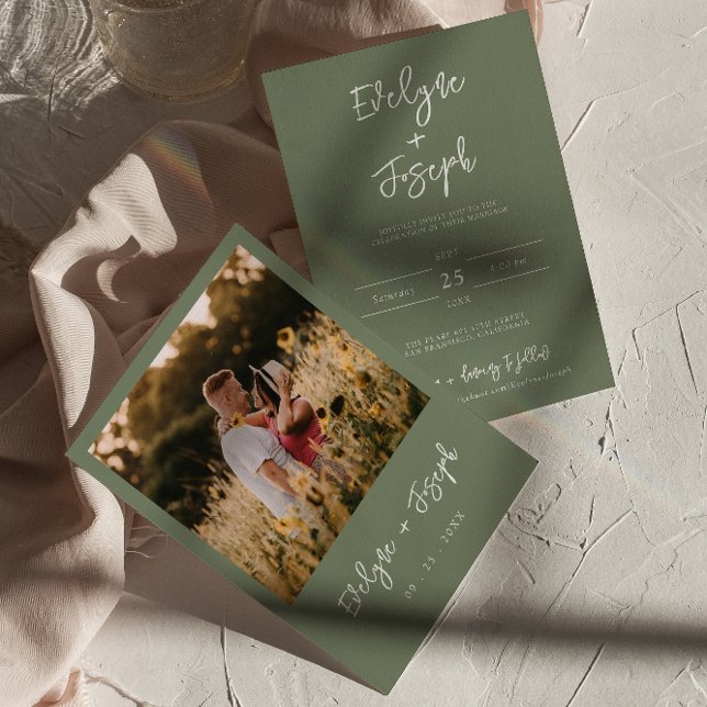 Minimalist Modern Sage Green Photo Boho  Wedding Invitation (Creator Uploaded)