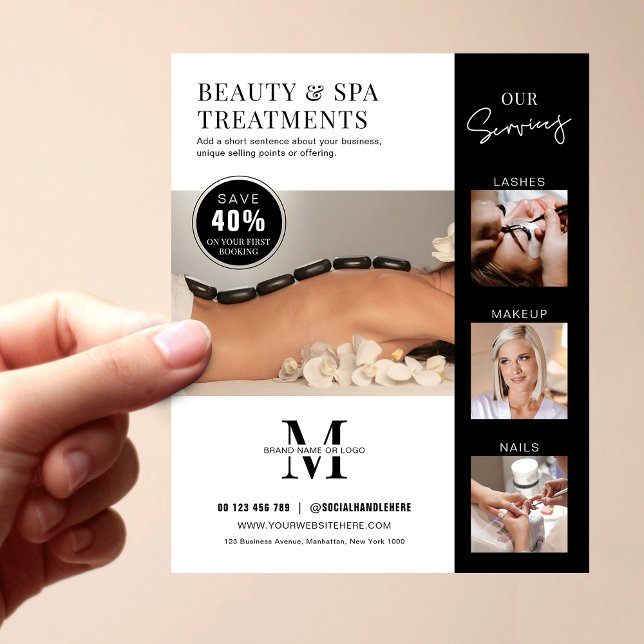 Minimalist Modern Salon Beauty Business Marketing Flyer (Modern business marketing flyer with photos, your services and your logo)