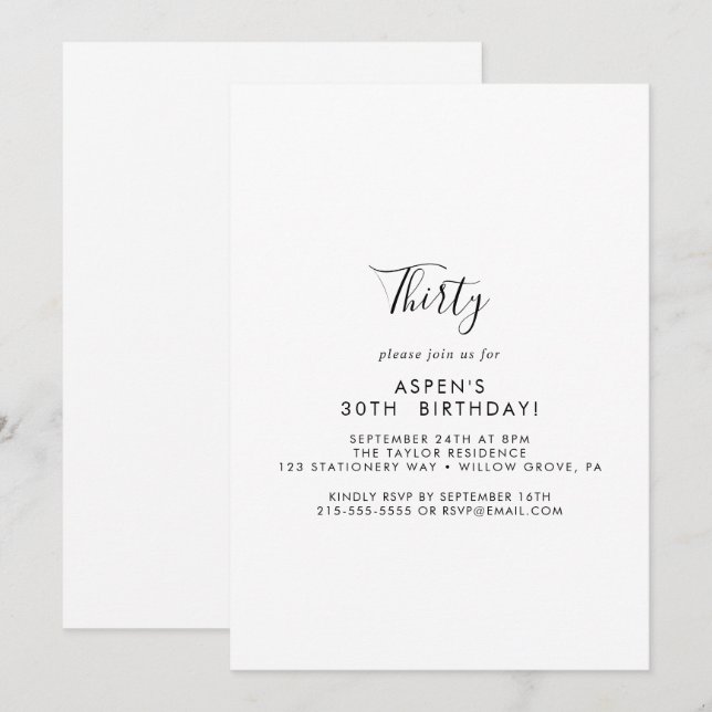 Minimalist Modern Script 30th Birthday Invitation (Front/Back)