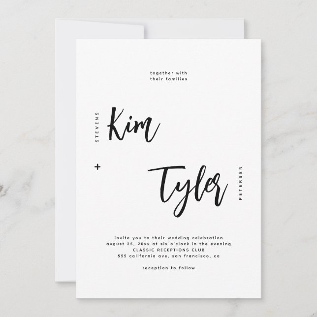 Minimalist modern script black and white wedding invitation (Front)