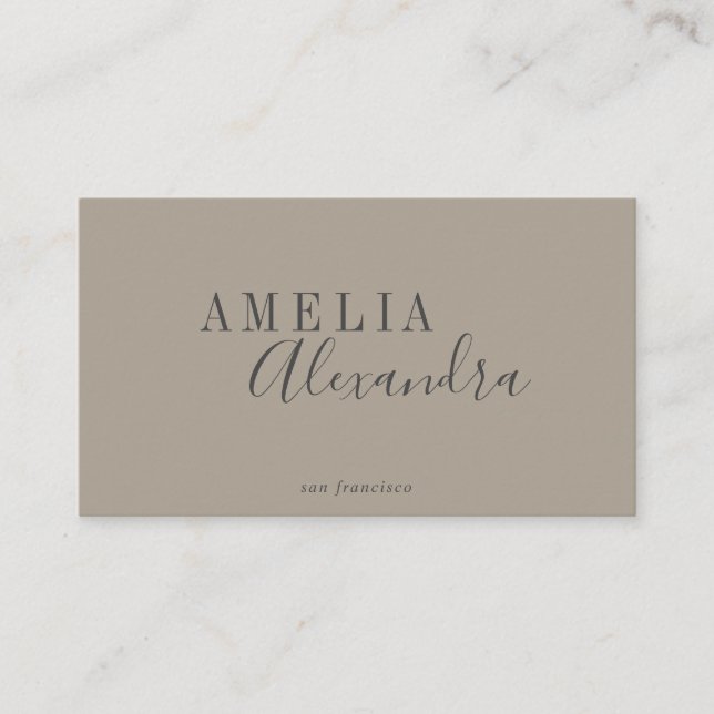 Minimalist Modern Script Boho Neutral Taupe Grey Business Card (Front)