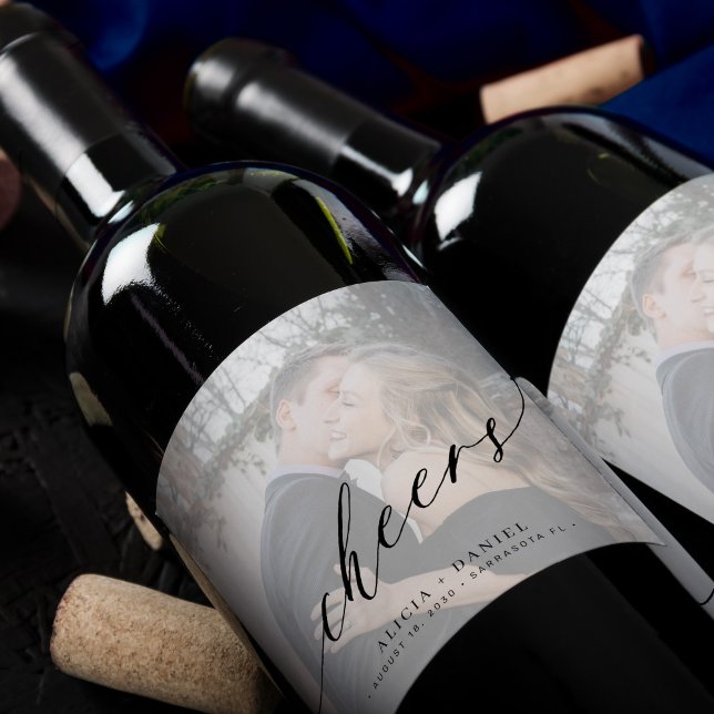 Minimalist modern script cheers photo wedding wine label (Creator Uploaded)