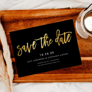 Minimalist Modern Script Chic Black + Gold Save The Date
