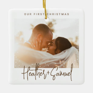 Minimalist Modern Script   Christmas Snow Photo Ceramic Ornament