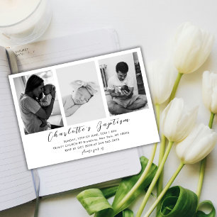Minimalist Modern Script Family Baby Photo Baptism Invitation