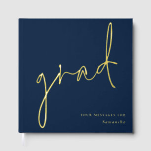 Minimalist Modern Script Grad Graduation Navy Blue Guest Book