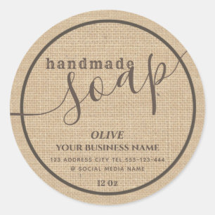 Minimalist modern script handmade soap burlap clas classic round sticker