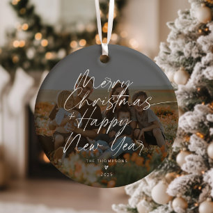 Minimalist Modern Script Merry Christmas Photo Ceramic Ornament