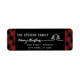 Minimalist modern script Merry Christmas red plaid Return Address Label