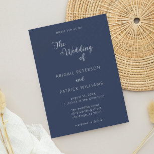 Minimalist Modern Script Navy Blue & White Wedding Invitation