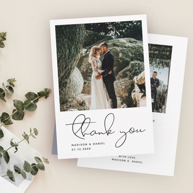 Minimalist Modern Script Photo Simple Wedding  Thank You Card (Romantic wedding thank you card with a couple in formal attire embracing on a rocky landscape. )