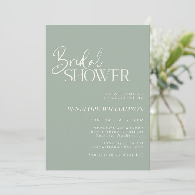 Minimalist Modern Script Sage Green Bridal Shower Invitation (Standing Front)