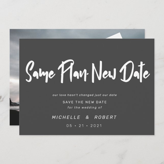 minimalist modern script two photo change the date invitation (Front/Back)