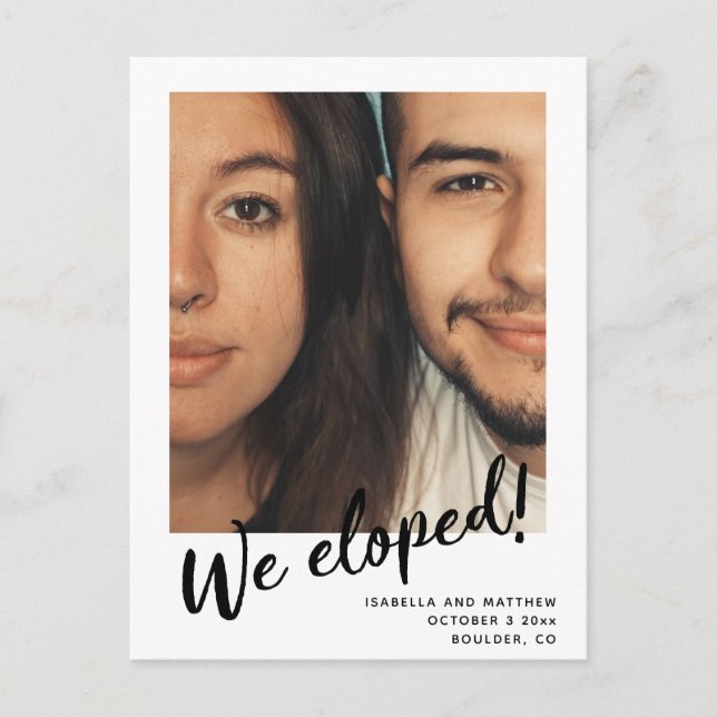 Minimalist Modern Script We Eloped Custom Photo Announcement Postcard (Front)