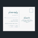 Minimalist Modern Script Wedding Meal Choice RSVP Postcard<br><div class="desc">These elegant, minimalist wedding response postcards feature modern script typography and clean, sans serif text for a simple and stylish deep teal and white design you will love. There is room to add your guests options for meal choice of entrée or dinner choice. Text is kept away from the top...</div>