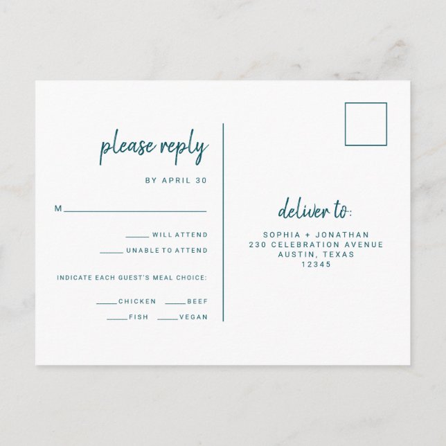 Minimalist Modern Script Wedding Meal Choice RSVP Postcard (Back)