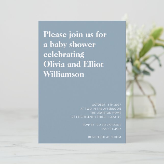 Minimalist Modern Simple Baby Shower Dusty Blue Invitation (Standing Front)