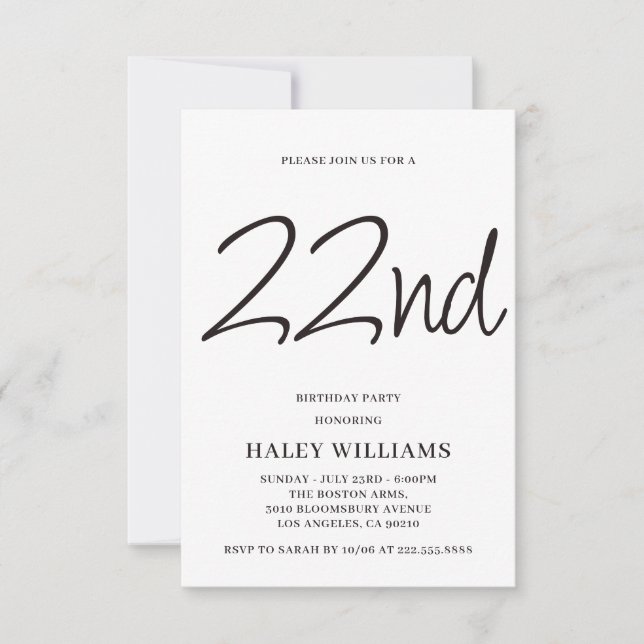 Minimalist Modern Simple Calligraphy 22nd Birthday Invitation (Front)
