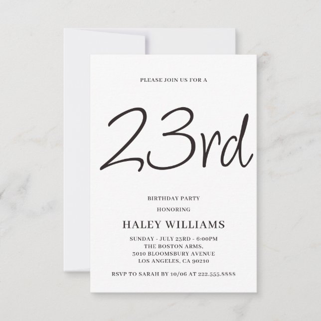 Minimalist Modern Simple Calligraphy 23rd Birthday Invitation (Front)