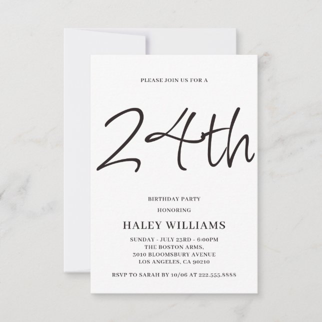 Minimalist Modern Simple Calligraphy 24th Birthday Invitation (Front)