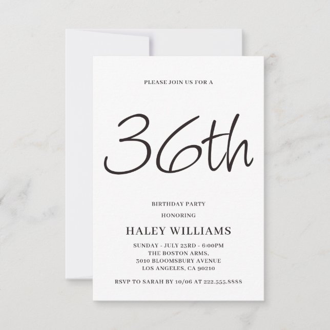 Minimalist Modern Simple Calligraphy 36th Birthday Invitation (Front)