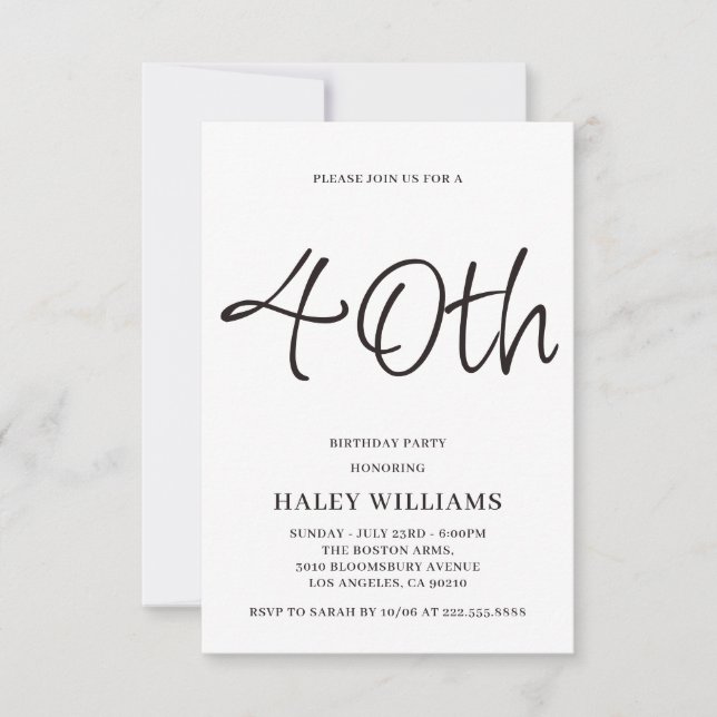 Minimalist Modern Simple Calligraphy 40th Birthday Invitation (Front)