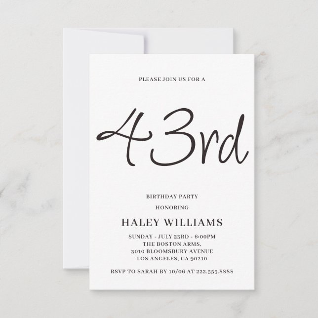Minimalist Modern Simple Calligraphy 43rd Birthday Invitation (Front)