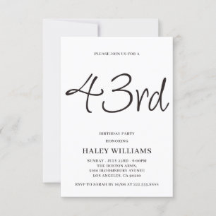 Minimalist Modern Simple Calligraphy 43rd Birthday Invitation