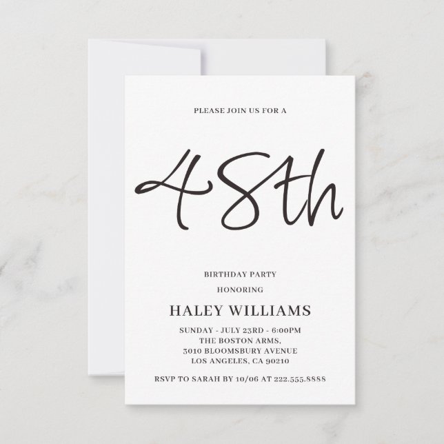 Minimalist Modern Simple Calligraphy 48th Birthday Invitation (Front)