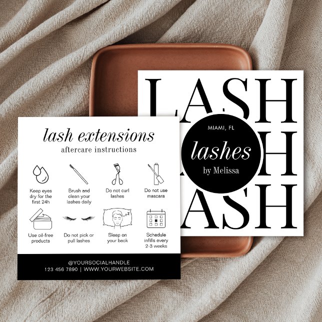 Minimalist Modern Simple Lashes Aftercare Cards (Modern eyelash extensions care instructions cards in minimalist black and white style)