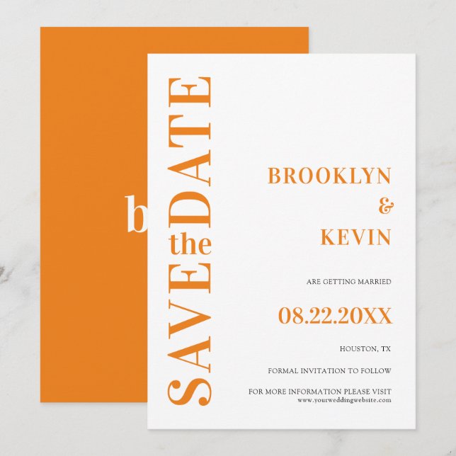 Minimalist Modern Simple Orange Wedding  Save The  Date (Front/Back)