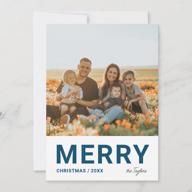 Minimalist Modern Simple Photo Navy Christmas  Holiday Card (Front)