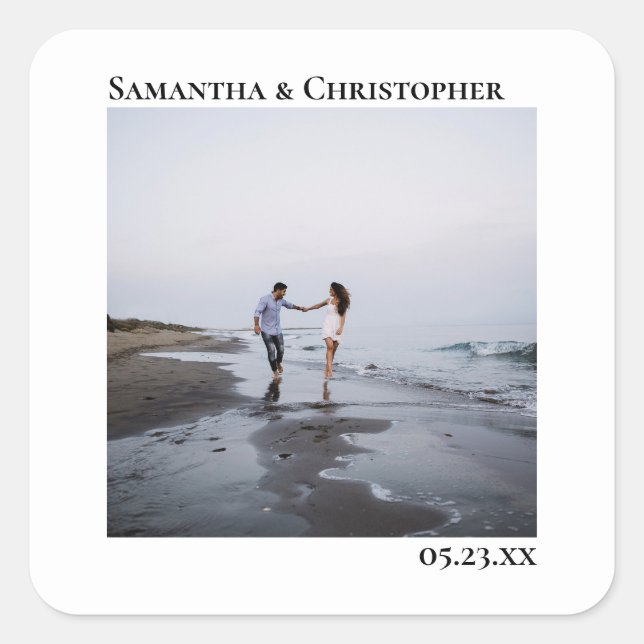 Minimalist Modern Simple Photo Symmetrical Wedding Square Sticker (Front)