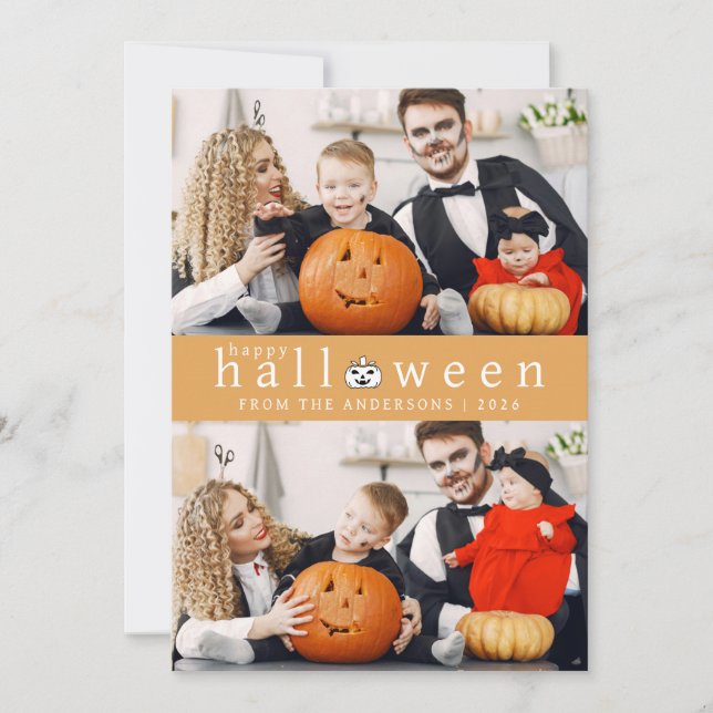 Minimalist Modern Spooky Happy Halloween 2 Photo Holiday Card (Front)