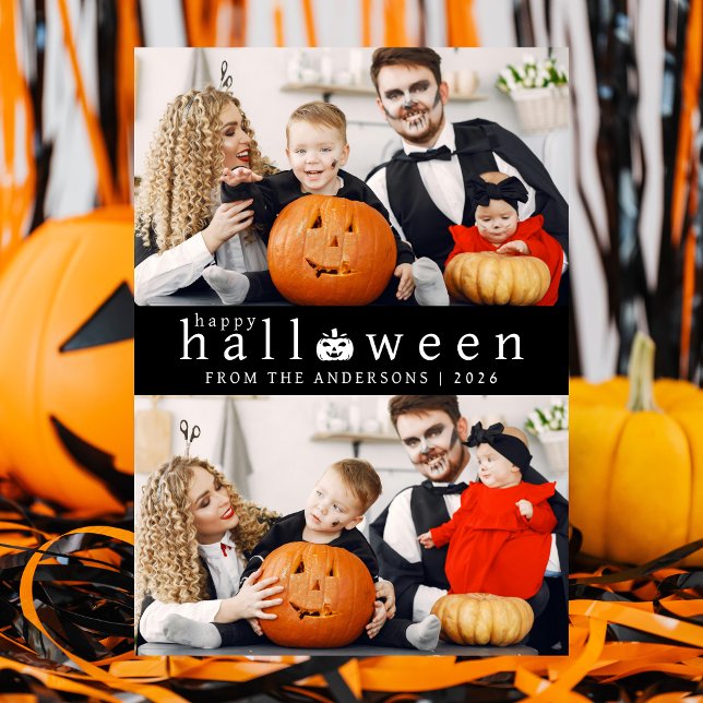 Minimalist Modern Spooky Happy Halloween 2 Photo Holiday Card (Creator Uploaded)